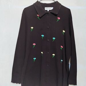 Vintage Howard Wolf Black Floral Cardigan  Embroidered Ribbon Buttons Women's XL